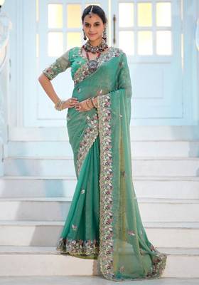 Pure sea green embroidered floral border moss shimmer saree with unstitched blouse 1