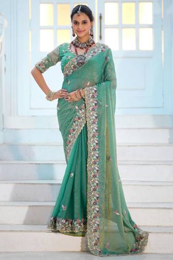Pure sea green embroidered floral border moss shimmer saree with unstitched blouse