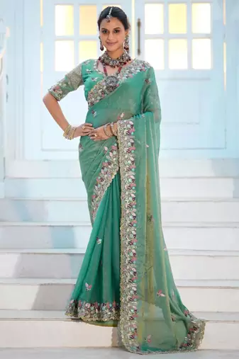 Pure sea green embroidered floral border moss shimmer saree with unstitched blouse