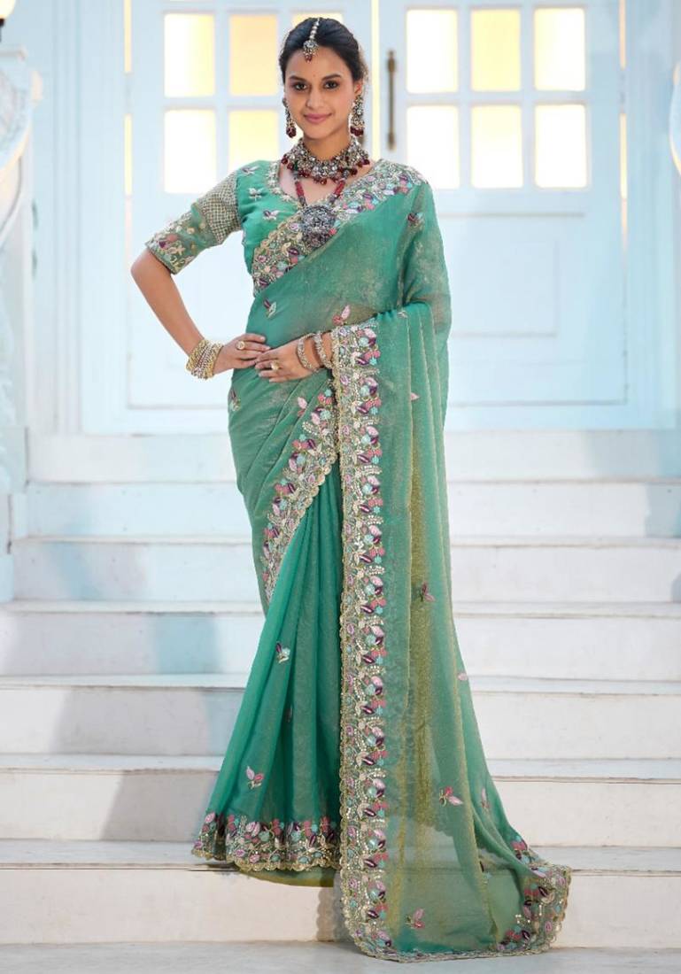 Pure sea green embroidered floral border moss shimmer saree with unstitched blouse
