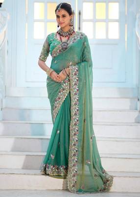 Pure sea green embroidered floral border moss shimmer saree with unstitched blouse 2