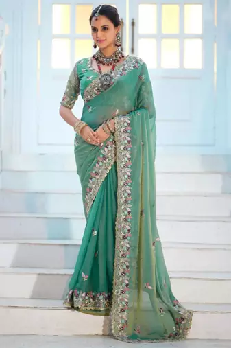 Pure sea green embroidered floral border moss shimmer saree with unstitched blouse