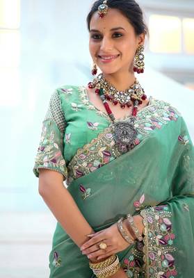 Pure sea green embroidered floral border moss shimmer saree with unstitched blouse 3