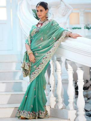 Pure sea green embroidered floral border moss shimmer saree with unstitched blouse 4