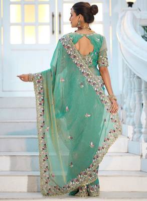 Pure sea green embroidered floral border moss shimmer saree with unstitched blouse 5