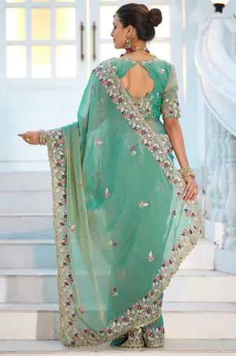 Pure sea green embroidered floral border moss shimmer saree with unstitched blouse