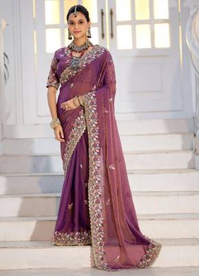 Light weight wine purple embroidered floral border moss shimmer saree with unstitched blouse 1