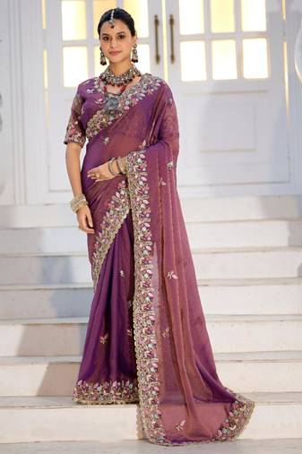 Light weight wine purple embroidered floral border moss shimmer saree with unstitched blouse