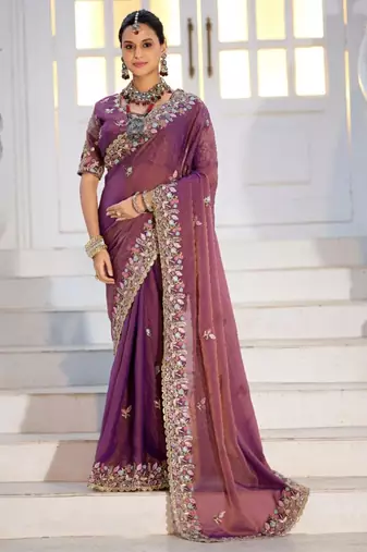 Light weight wine purple embroidered floral border moss shimmer saree with unstitched blouse