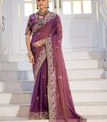 Light weight wine purple embroidered floral border moss shimmer saree with unstitched blouse