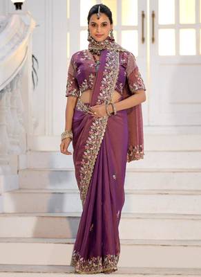 Light weight wine purple embroidered floral border moss shimmer saree with unstitched blouse 2