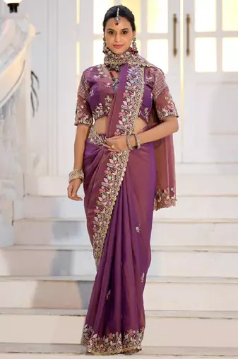 Light weight wine purple embroidered floral border moss shimmer saree with unstitched blouse