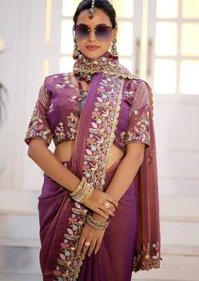 Light weight wine purple embroidered floral border moss shimmer saree with unstitched blouse 3