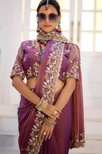 Light weight wine purple embroidered floral border moss shimmer saree with unstitched blouse