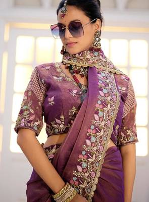 Light weight wine purple embroidered floral border moss shimmer saree with unstitched blouse 4