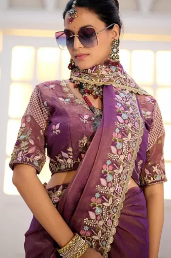 Light weight wine purple embroidered floral border moss shimmer saree with unstitched blouse