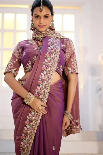 Light weight wine purple embroidered floral border moss shimmer saree with unstitched blouse