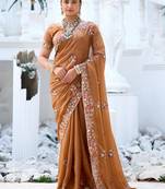 Fashionable brown embroidered border motifs moss shimmer saree with unstitched blouse