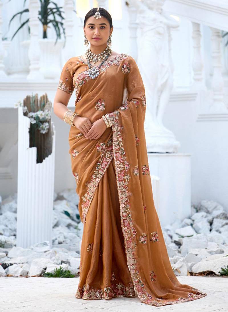 Fashionable brown embroidered border motifs moss shimmer saree with unstitched blouse
