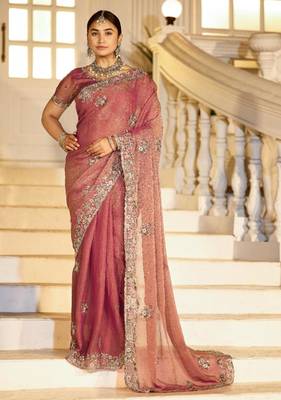 soft silk blend mauve embroidered border motifs moss shimmer saree with unstitched blouse 1