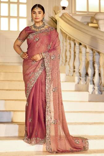 soft silk blend mauve embroidered border motifs moss shimmer saree with unstitched blouse