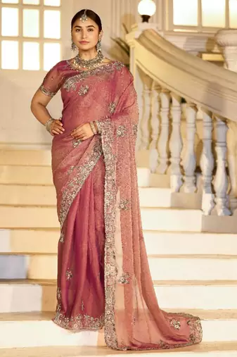 soft silk blend mauve embroidered border motifs moss shimmer saree with unstitched blouse