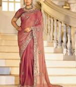 soft silk blend mauve embroidered border motifs moss shimmer saree with unstitched blouse