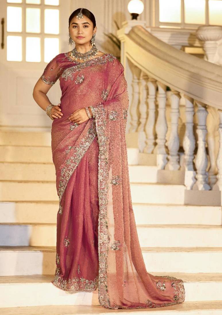 soft silk blend mauve embroidered border motifs moss shimmer saree with unstitched blouse