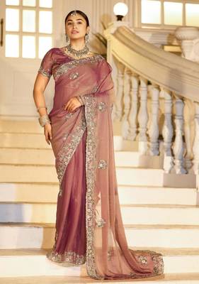 soft silk blend mauve embroidered border motifs moss shimmer saree with unstitched blouse 2