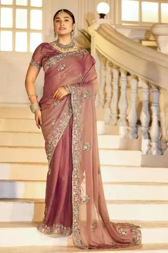 soft silk blend mauve embroidered border motifs moss shimmer saree with unstitched blouse