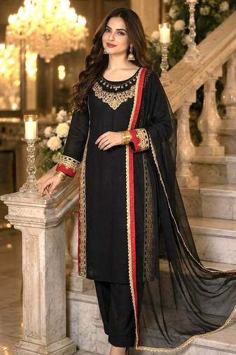 Black Color Sequence And  Embroidery Work Silk Blend Salwar Suit 