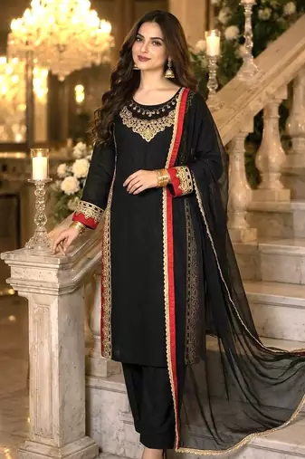 Black Color Sequence And  Embroidery Work Silk Blend Salwar Suit 