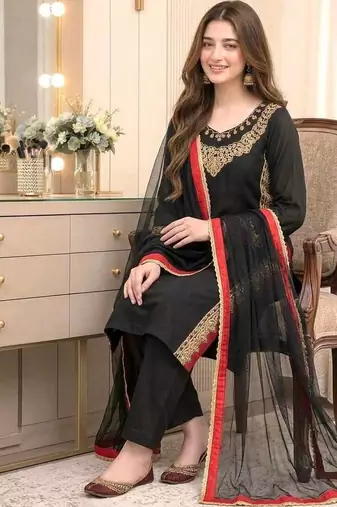 Black Color Sequence And  Embroidery Work Silk Blend Salwar Suit 