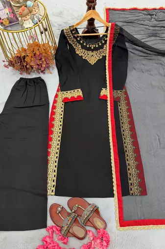 Black Color Sequence And  Embroidery Work Silk Blend Salwar Suit 