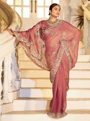 soft silk blend mauve embroidered border motifs moss shimmer saree with unstitched blouse 3