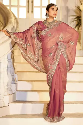 soft silk blend mauve embroidered border motifs moss shimmer saree with unstitched blouse