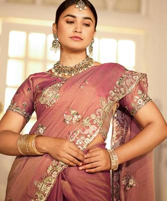 soft silk blend mauve embroidered border motifs moss shimmer saree with unstitched blouse 4
