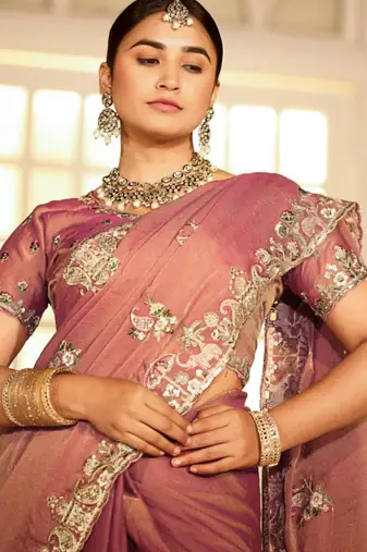 soft silk blend mauve embroidered border motifs moss shimmer saree with unstitched blouse