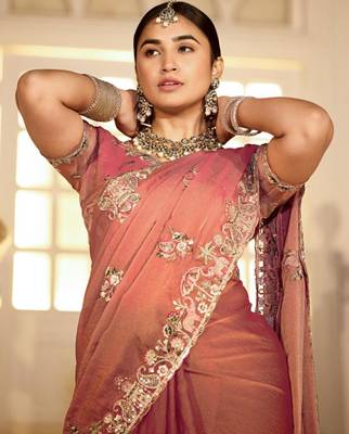 soft silk blend mauve embroidered border motifs moss shimmer saree with unstitched blouse 5