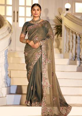 Celebrity type olive gray embroidered border motifs moss shimmer saree with unstitched blouse 1