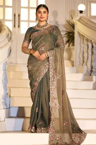 Celebrity type olive gray embroidered border motifs moss shimmer saree with unstitched blouse