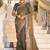 Celebrity type olive gray embroidered border motifs moss shimmer saree with unstitched blouse