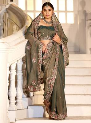 Celebrity type olive gray embroidered border motifs moss shimmer saree with unstitched blouse 2