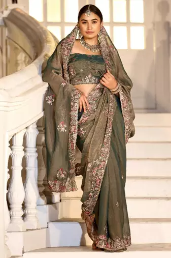 Celebrity type olive gray embroidered border motifs moss shimmer saree with unstitched blouse