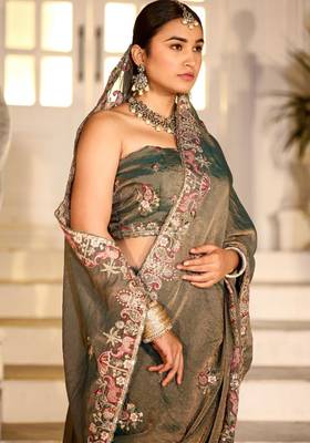 Celebrity type olive gray embroidered border motifs moss shimmer saree with unstitched blouse 3