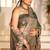 Celebrity type olive gray embroidered border motifs moss shimmer saree with unstitched blouse