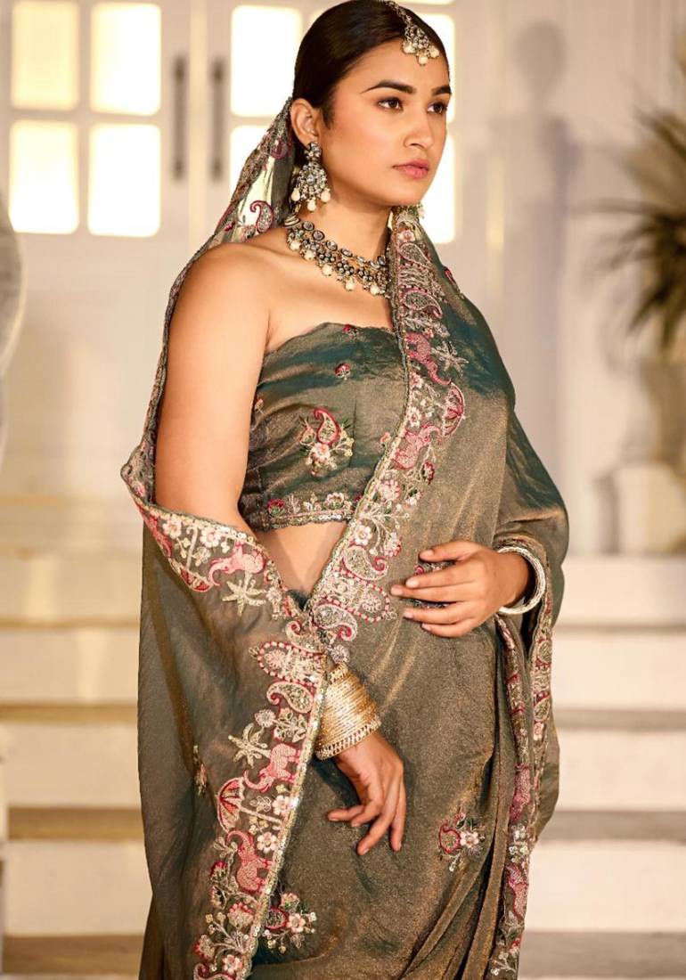 Celebrity type olive gray embroidered border motifs moss shimmer saree with unstitched blouse