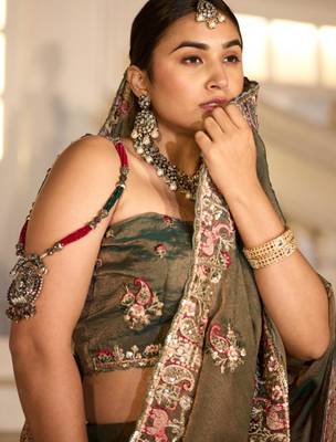 Celebrity type olive gray embroidered border motifs moss shimmer saree with unstitched blouse 4