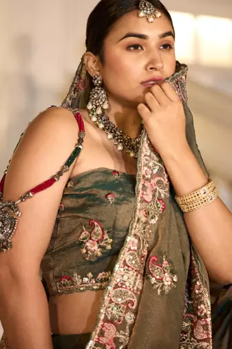 Celebrity type olive gray embroidered border motifs moss shimmer saree with unstitched blouse