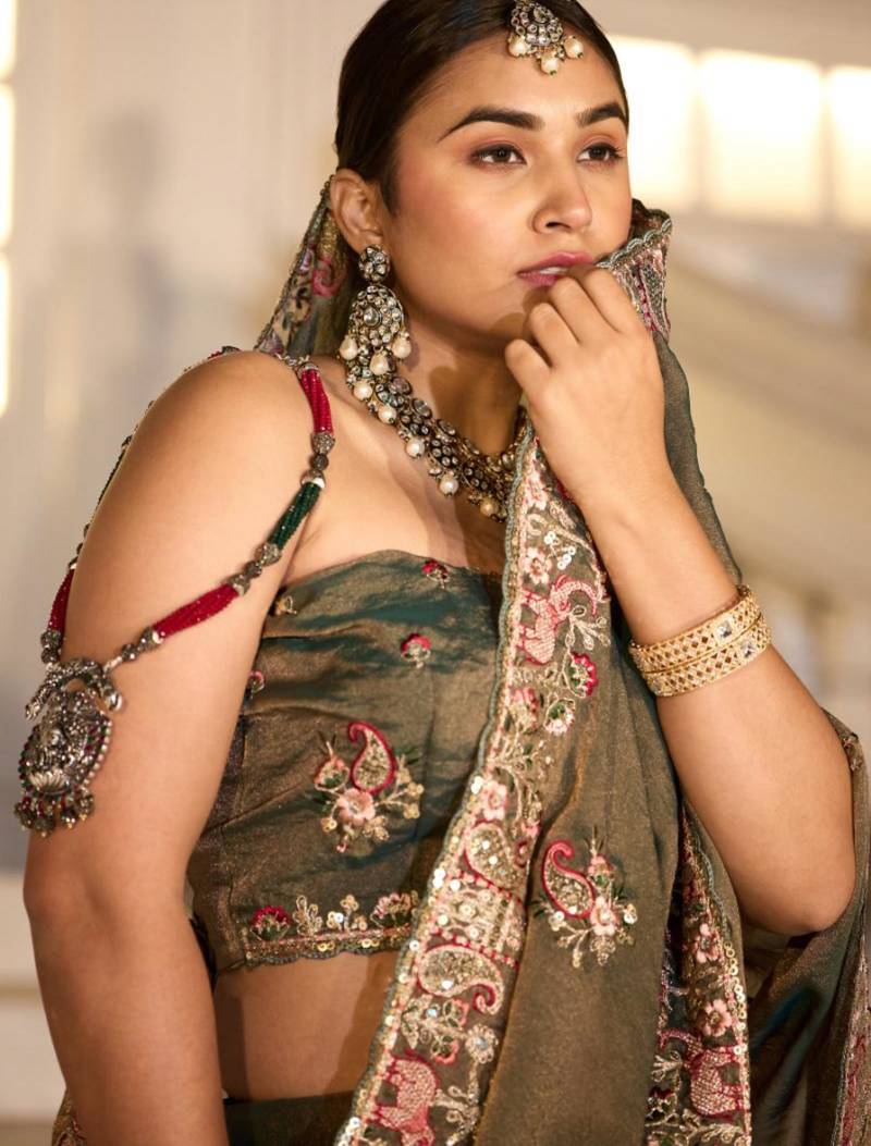 Celebrity type olive gray embroidered border motifs moss shimmer saree with unstitched blouse